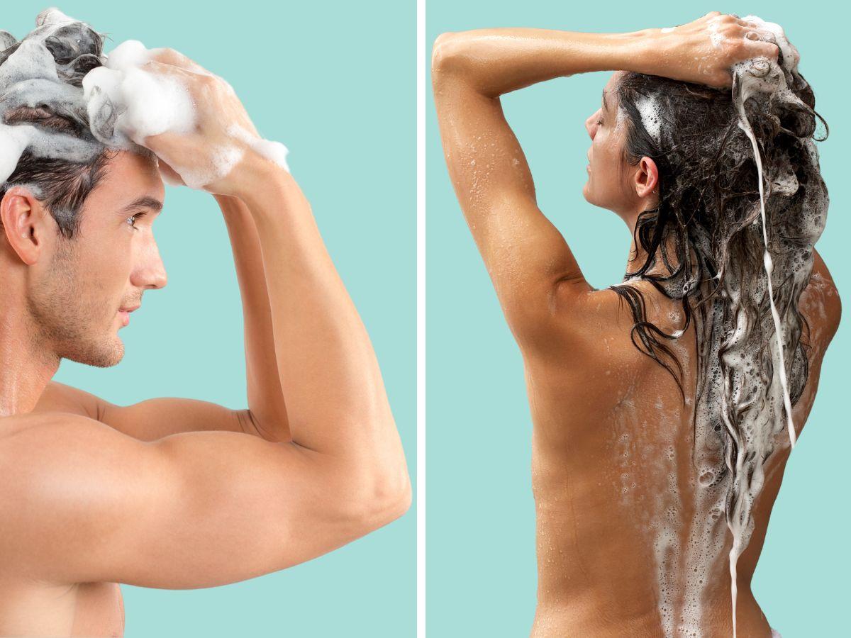 A person and person washing hair Description automatically generated